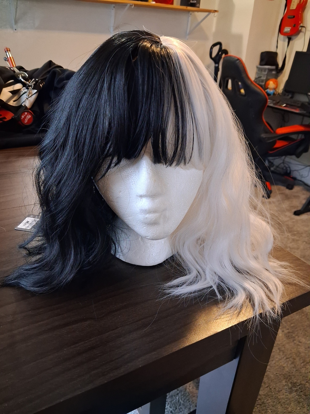 Black and White Two-Tone Women's Wig - Split Color Short Waves with Bangs
